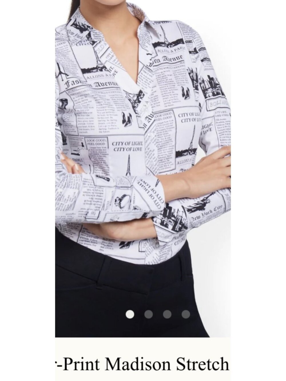 7th Avenue New York & Company large Newspaper Print Madison Stretch Shirt